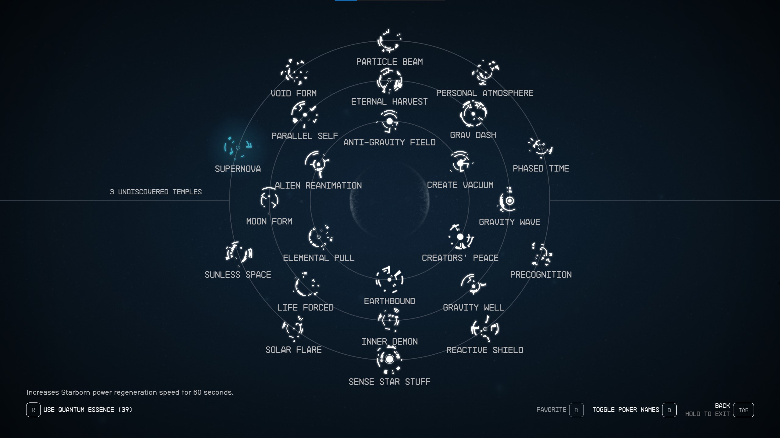 An image of the Starborn powers screen highlighting all powers in Starfield.