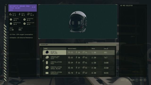 The spacesuit workbench interface in Starfield.