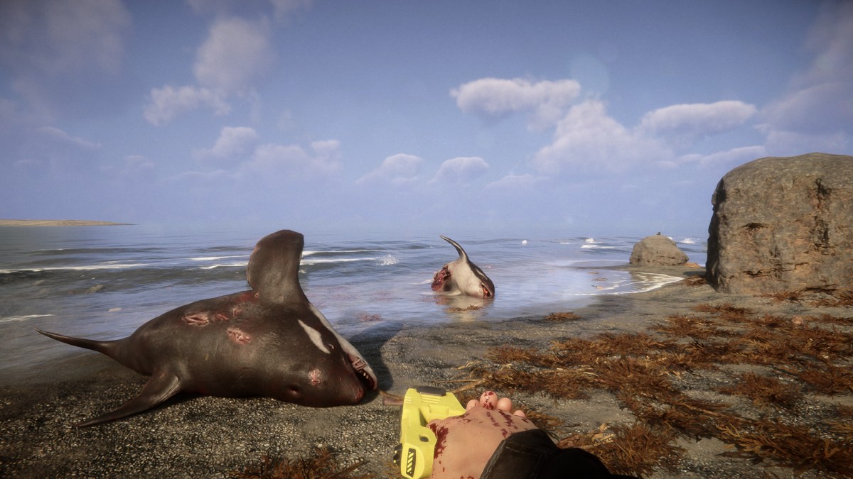 Dead whales and a player holding a weapon in Sons of the Forest.