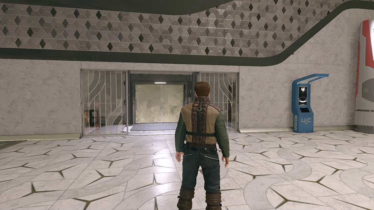 A man stands in front of a set of elevator doors in Starfield. 