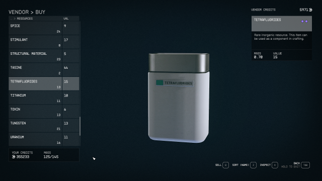 Image of the store menu in Starfield, displaying a capsule of Tetrafluoride. 