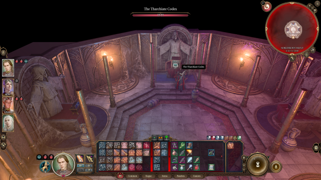 Tav standing in front of the Tharchiate Codex after lockpicking its display case.