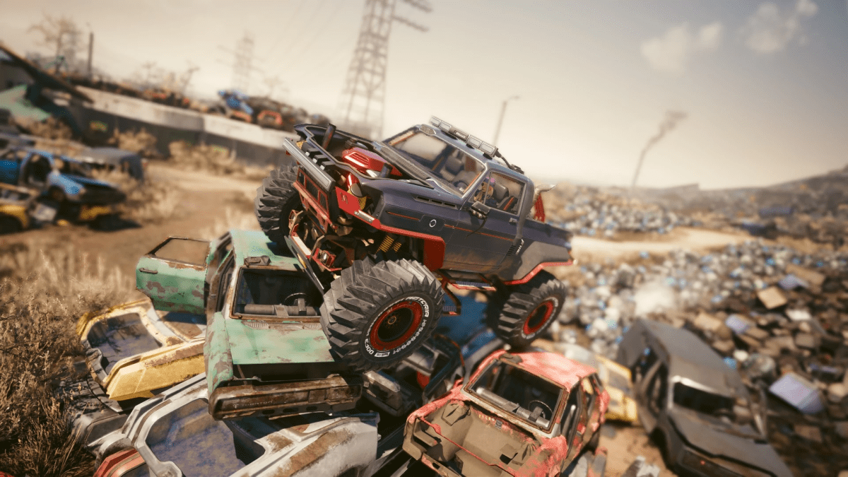 The Monster Truck sitting on cars in Cyberpunk 2077