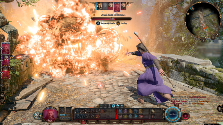 Displays Gale, a Wizard in Baldur's Gate 3, using the Fireball spell.