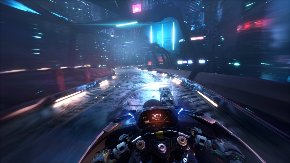 a motorbike speeds through the streets as the peripherals blur