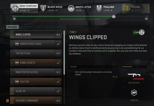 Image which has a range of missions on the screen relating to factions in DMZ. Shadow Company is selected and the mission