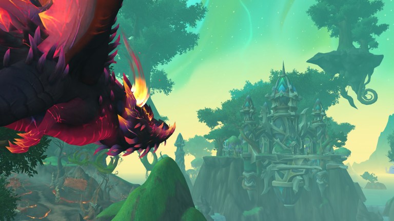 Fyrakk flies to the new Emerald Dream zone in World of Warcraft, chasing down the world tree Amirdrassil