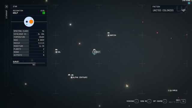 The Wolf Star system map in Starfield