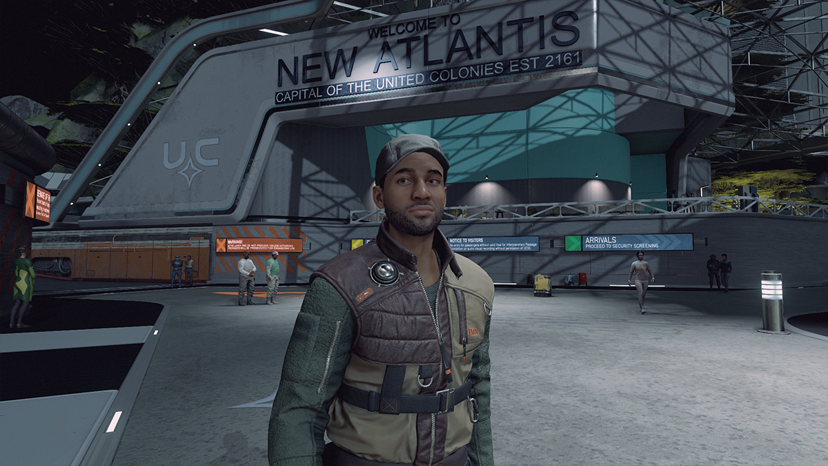 A man in a cap stands in a spaceport in Starfield. 