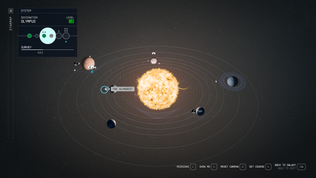 Image of the map for the Olympus Star System, displaying the location of the Almagest vessel.