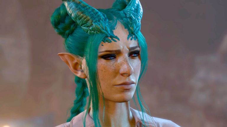 Tiefling woman with horns and green hair in BG3