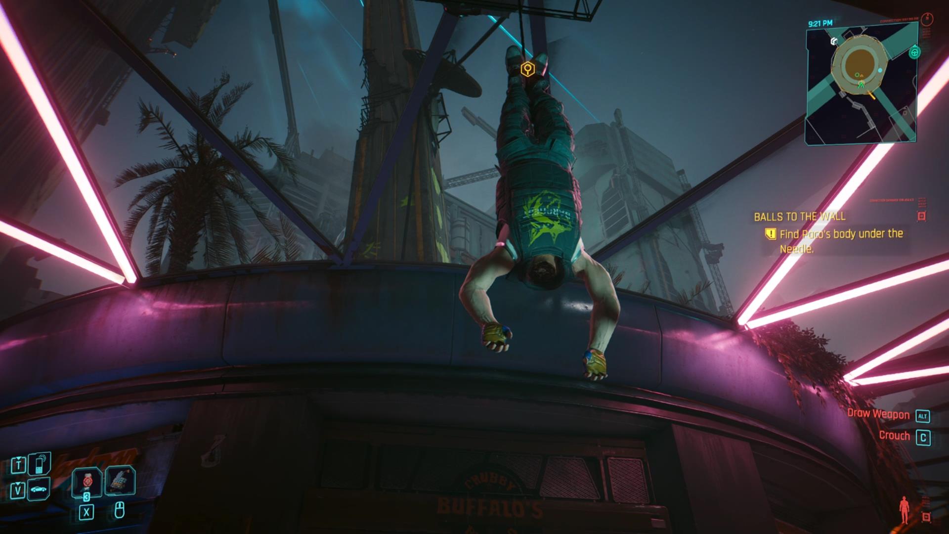 An in game screenshot of Paco's hanging body from the game Cyberpunk 2077. 