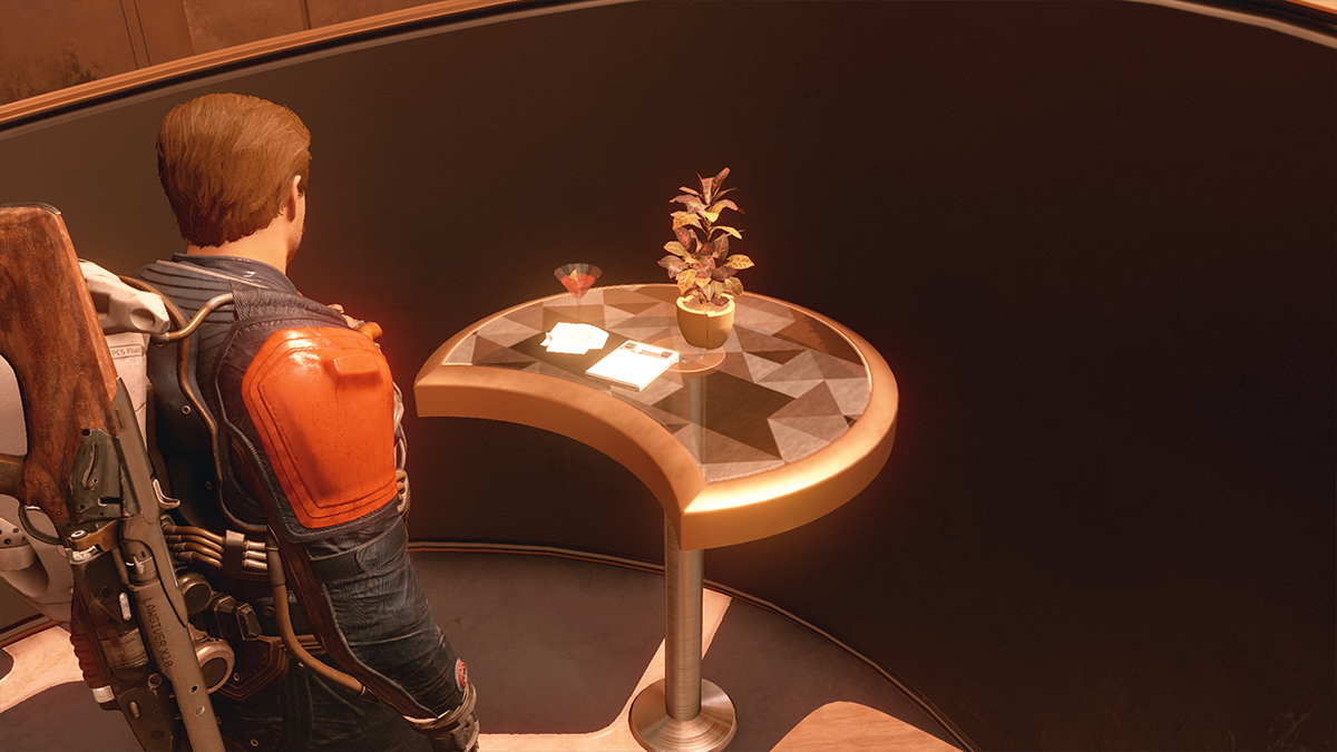 A man looks down at a table in a fashionable table in Starfield. 