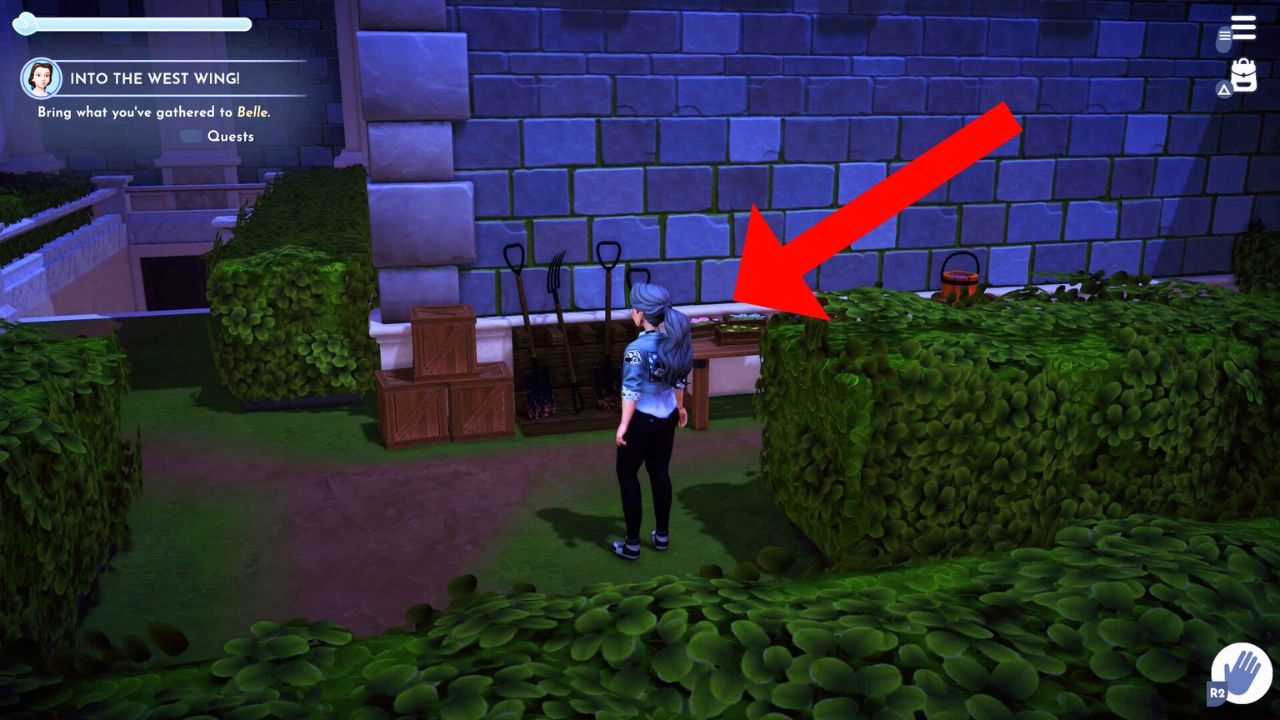 Red arrowing pointing to a table in a maze in Disney Dreamlight Valley