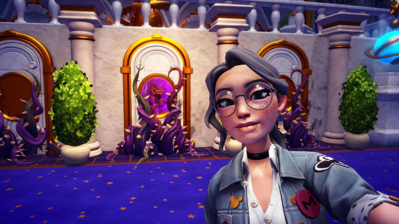 Woman standing in front of a door with a rose in Disney Dreamlight Valley