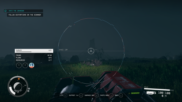 A Scanner Distortion appearing on the screen with a tall building in the distance