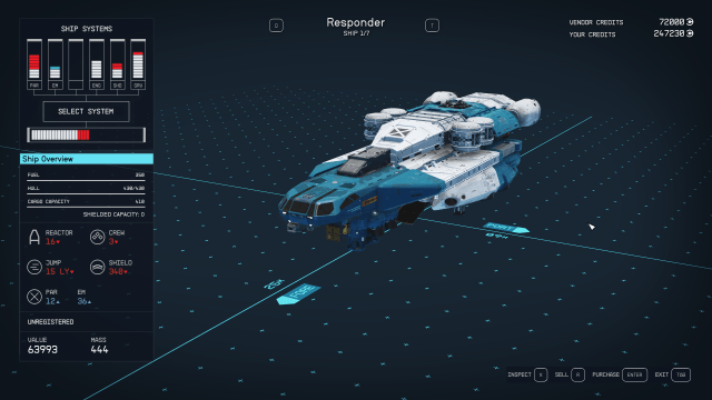 The Responder ship's stats 