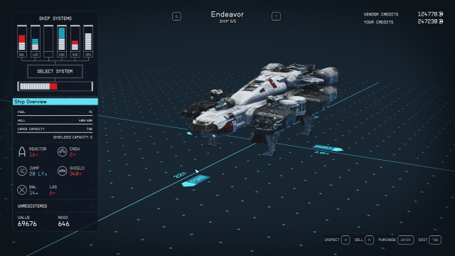 The Endeavor's ship stats 