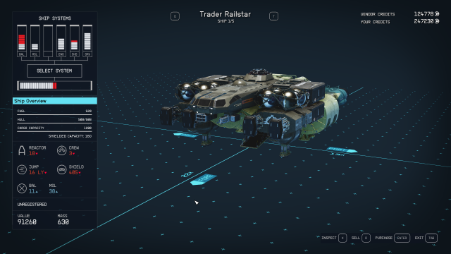 The Trader Railstar's ship stats