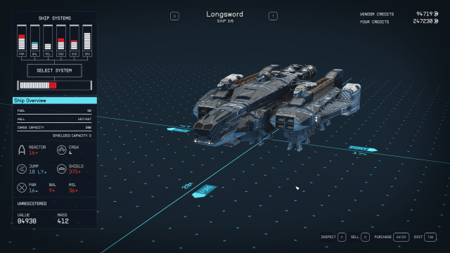The Longsword's ship stats