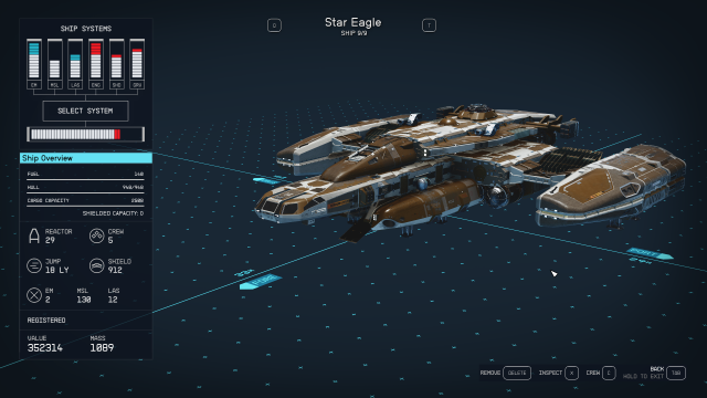 The Star Eagle ship, a brown and white vehicle against a navy background.
