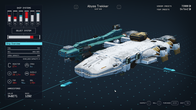 The Abyss Trecker ship, a white and gold ship with a teal arm. 