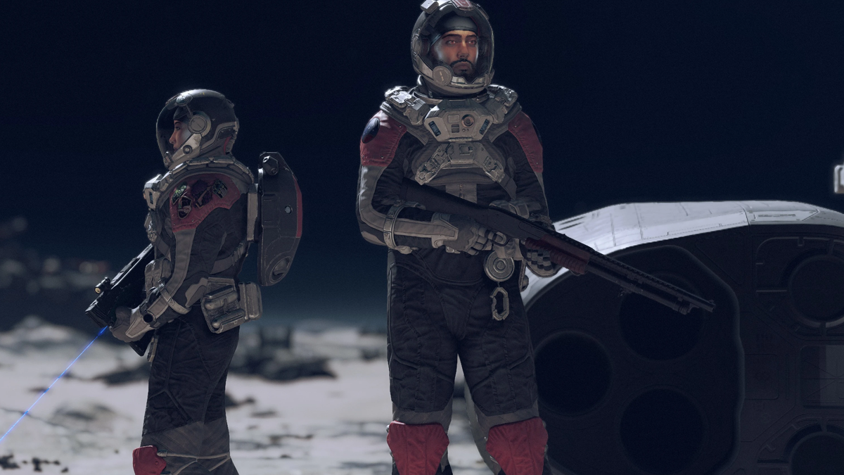 Two explorers stand on the surface of a barren planet in Starfield. 