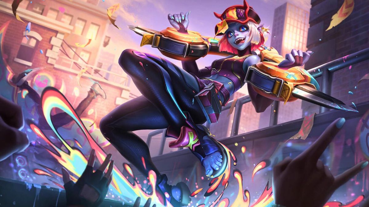 Girl with silver hair wielding weapons in colorful world in League of legends