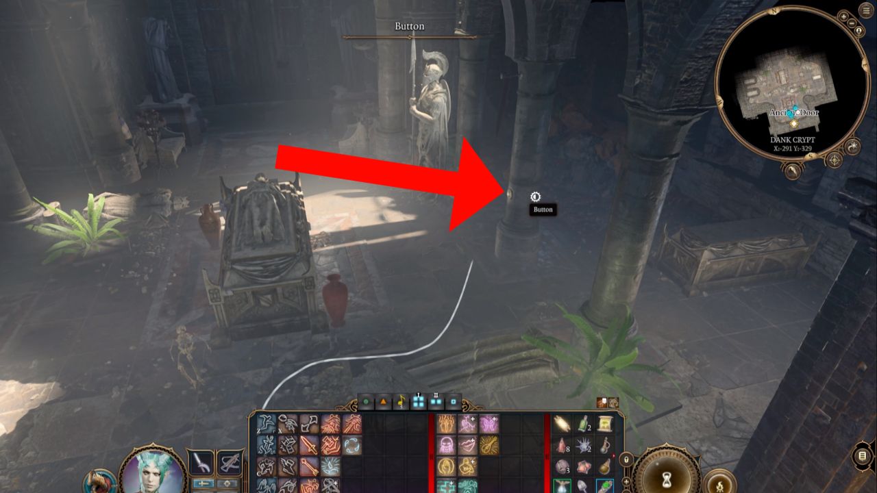 Red arrow pointing to button in dank crypt in bg3