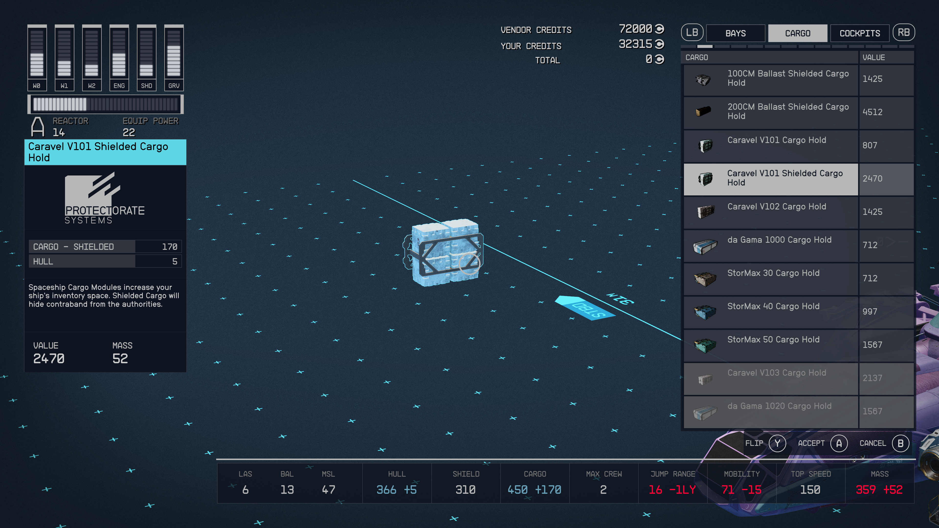 An in-game shot of the Cargo option in the ship builder menu in the sci-fi game Starfield. 