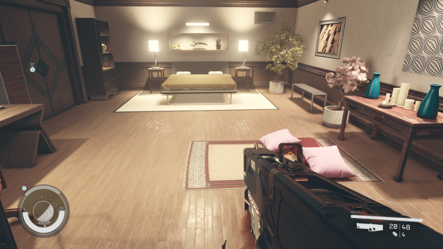 A room in The Lodge in Starfield with pink cushions on the floor.