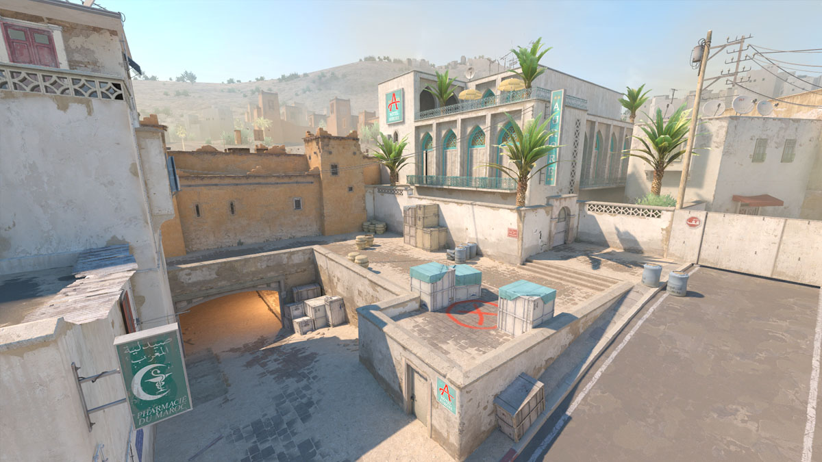 An overview of the A site of Dust 2 in CS2, with boxes covering a flat catwalk and a ramp below to CT spawn.