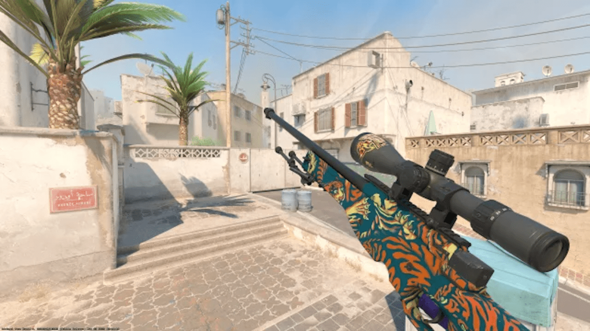 AWP with a skin on Dust 2 A site being inspected by a player