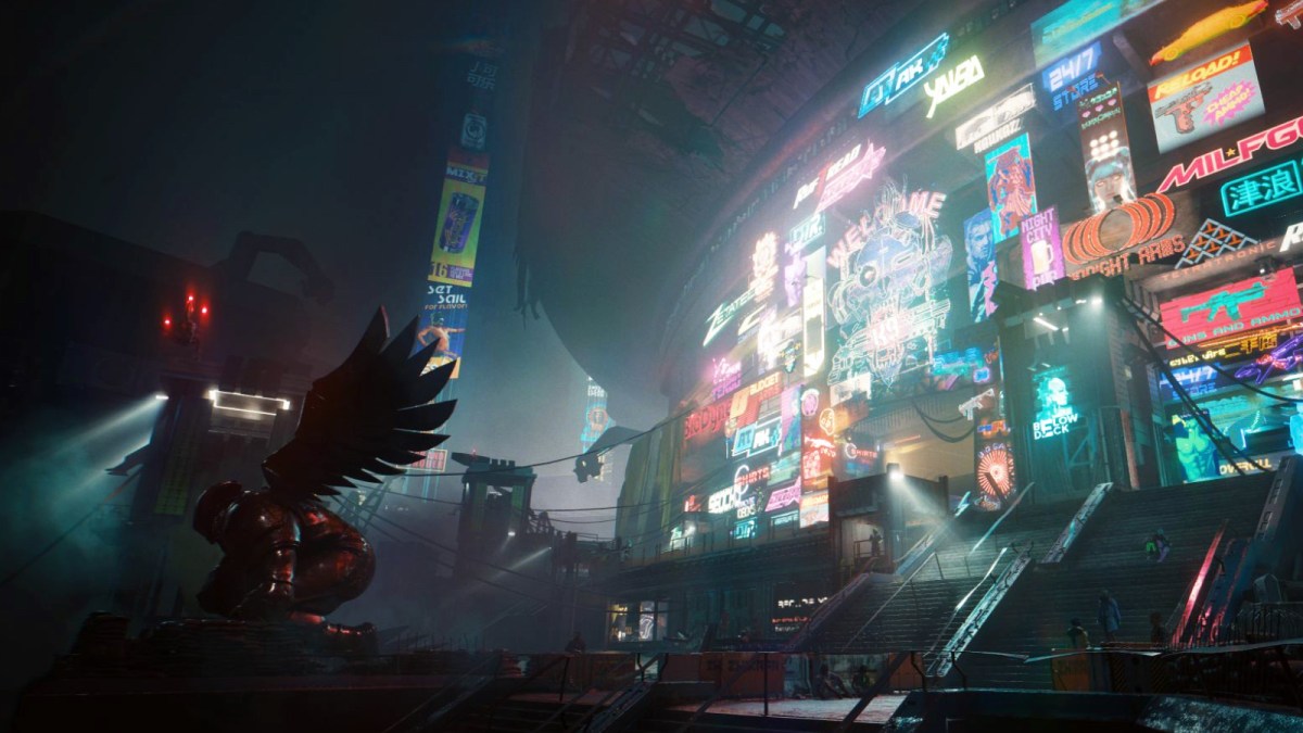 A bustling section of Dogtown in Cyberpunk 2077: Phantom Liberty
