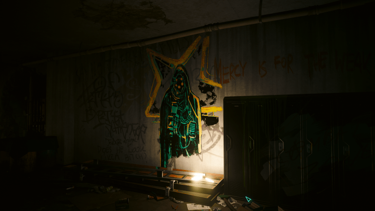 A Tarot card graffiti spray in an apartment building in Cyberpunk 2077.