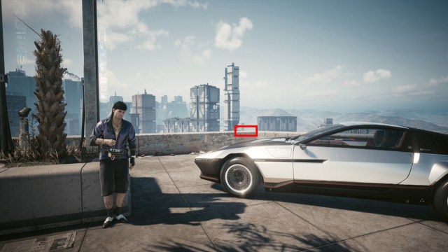 A fixer wearing a cool jacket stands casually against a flower pot next to a sleek silver car on a cliff, with a city behind them in the background. A red box indicates the location of the jacket in a box in Cyberpunk.