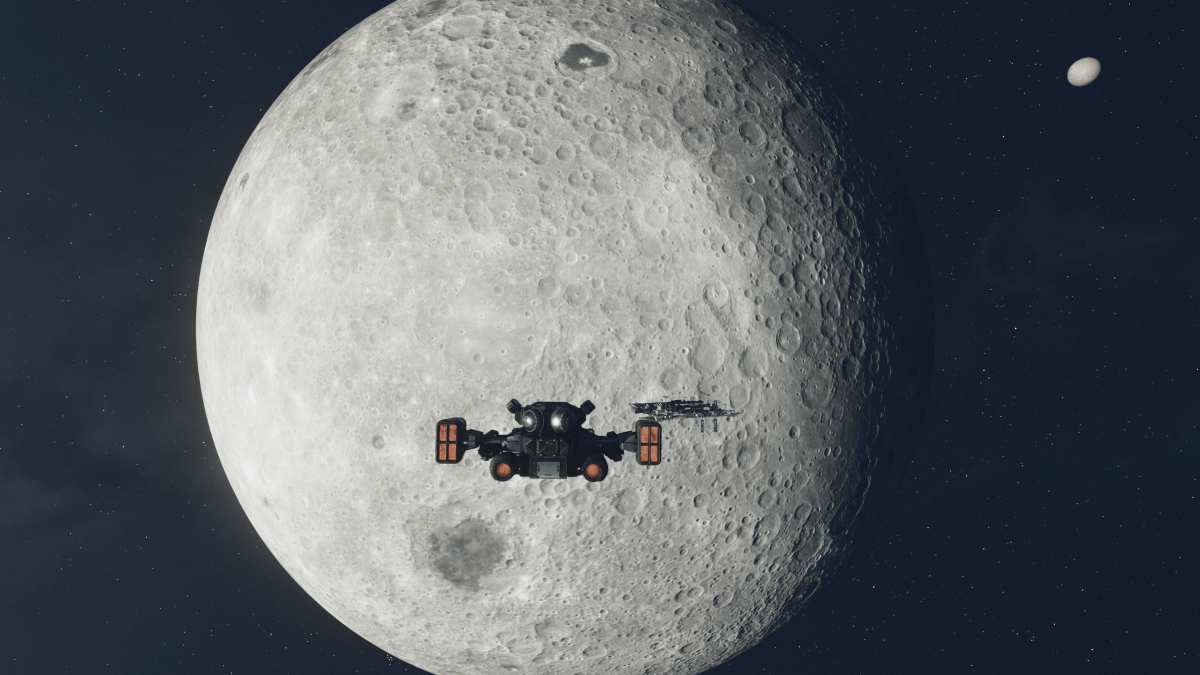 A ship in Starfield travelling towards Earth Moon, which fills the background.