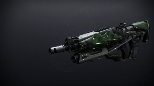 The Oversoul Edict pulse rifle is in the Destiny 2 inspect screen. It has a dark green color palette, and is covered by painted pieces of hive chitin with emissive green lights.