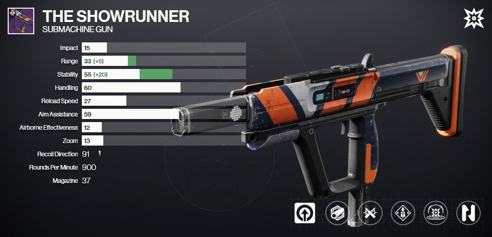 A graphic depicting The Showrunner from Destiny 2 with its statistics and perks. Equipped is Overflow and Kinetic Tremors, as well as a barrel and magazine that improve its range and stability.