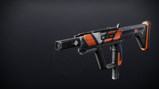 The Showrunner SMG from Destiny 2 in the weapon inspection screen. It has a blue, orange and white color scheme, and the Vanguard logo is painted on the barrel.