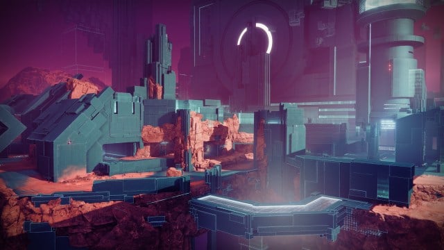 Simulated blocks of the Vex network form lanes of a Crucible map called Multiplex, set inside of the Vex Network. The arena is drenched in blue and purple lights, and has a number of rocky outcroppings scattered throughout.