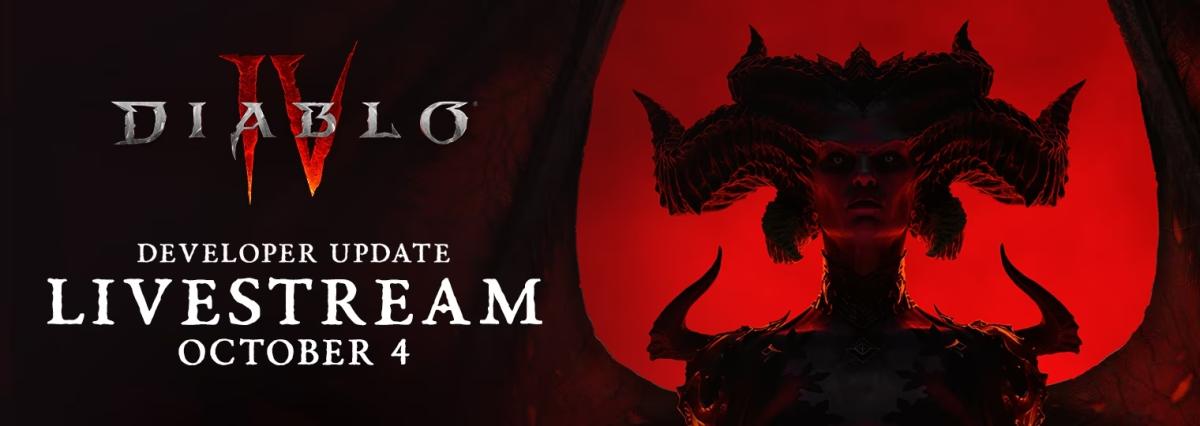 Diablo 4's Lilith, the main antagonist on the right in a red background, and the game logo on the left with the livestream announcement.