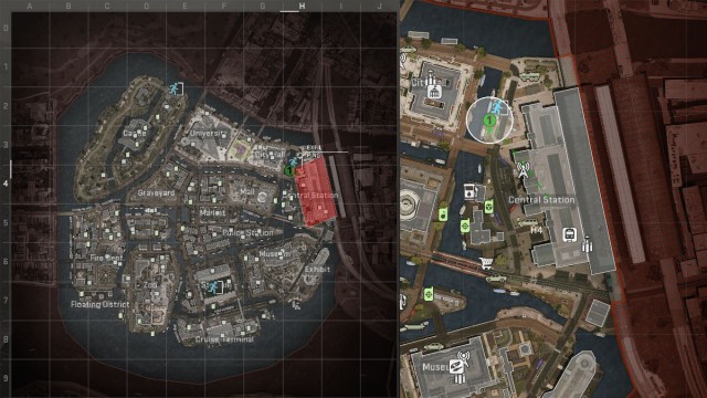 A screenshot of the Tactical Map of Vondel in DMZ, with the Central Station landmark highlighted in red.