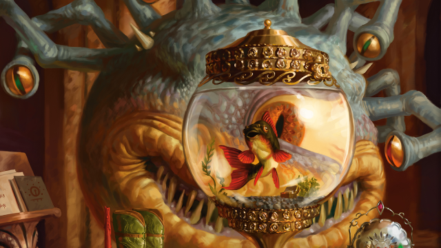 A many-eyed being with eyes on tentacles named Xanathar grins as he looks at a bowl with a rare fish in it in the DnD 5E world of Faerûn.