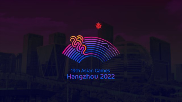 The logo for the Asian Games 2022-2023 in front of a picture of the Hangzhou skyline in China.