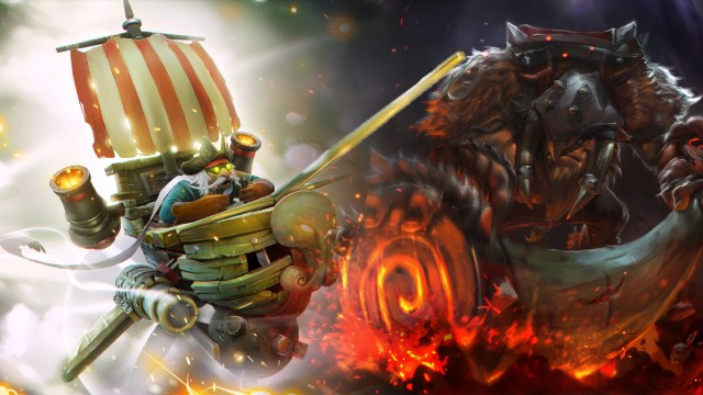 Gyrocopter (left), a heliccopter pilot sitting in an airship, and Earthshaker (right), a golem-like creature, prepare for battle in Dota 2.