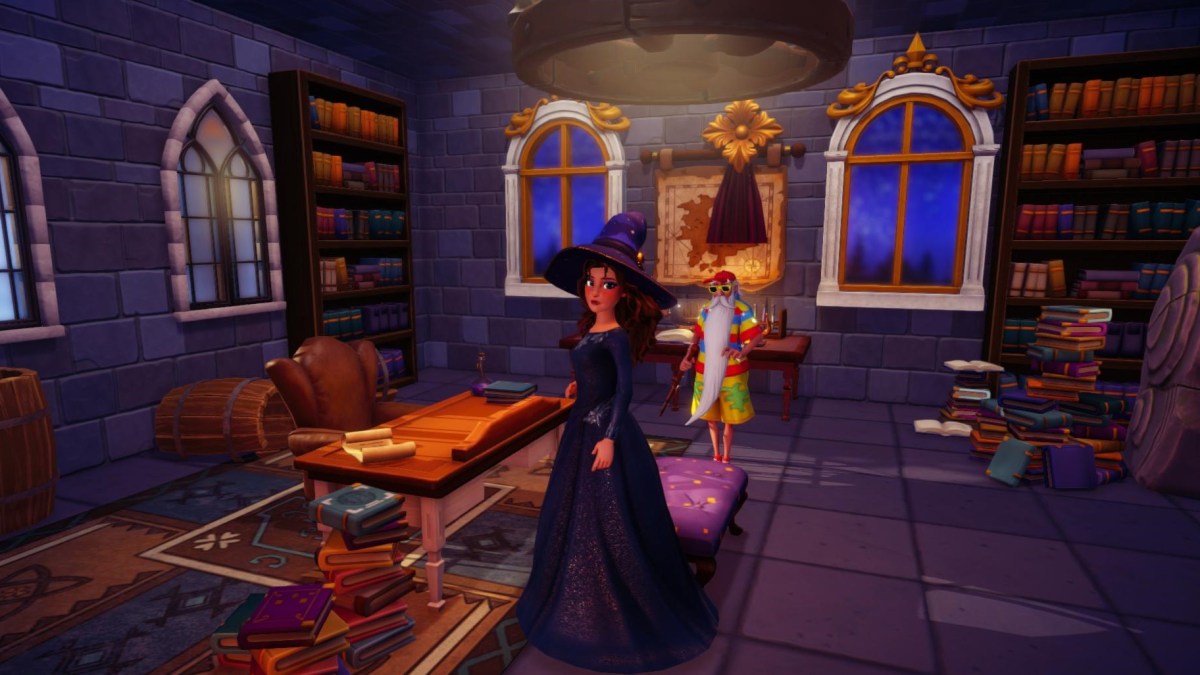 The player and Merlin in the Dreamlight Library.