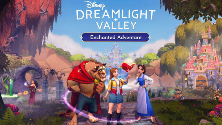 The key art for the Enchanted Adventure update featuring the player, Belle, and the Beast.