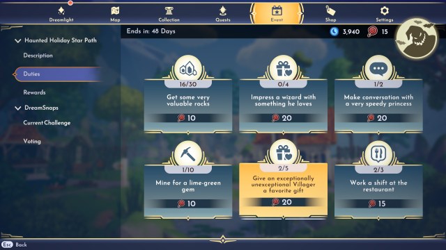 The duties page of the Haunted Holiday Star Path.