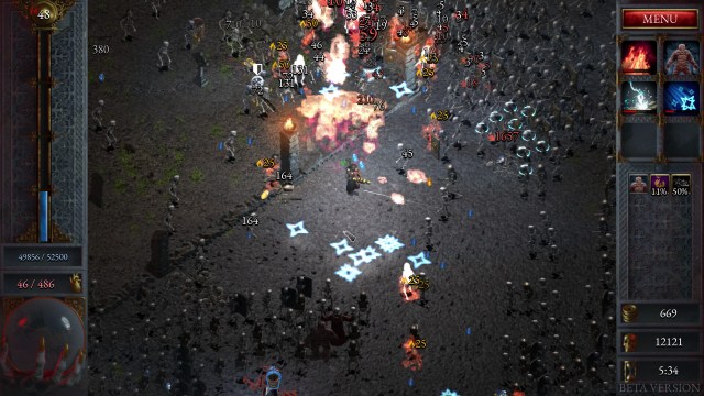 The exterminator class from Halls of Torment fighting a horde of enemies with a flamethrower.